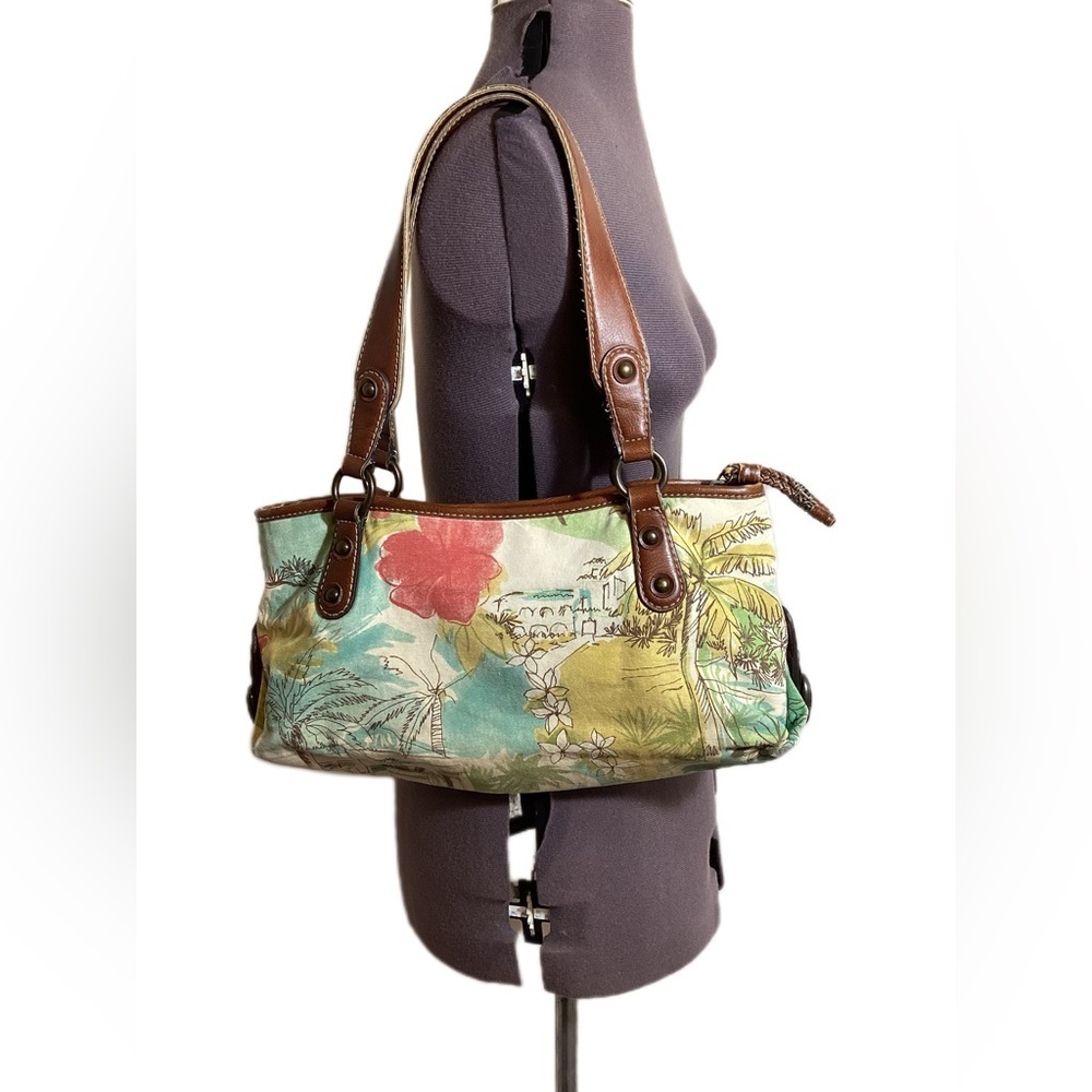 Fossil Multicolor Floral Tropical Beach Pattern Brown Leather Shoulder Bag